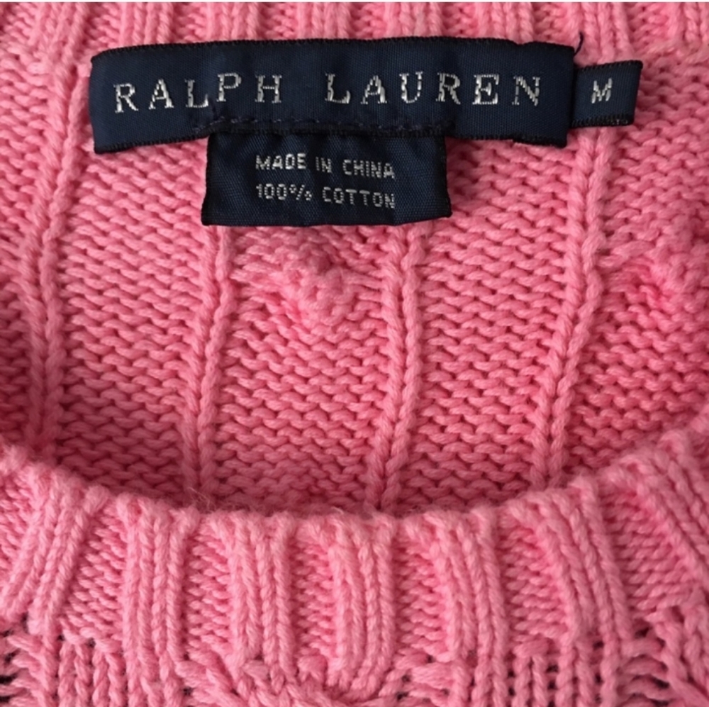 Ralph Lauren Cable Knit Sweater Pink M Crew Neck Long Sleeve Pullover - Picture 5 of 8